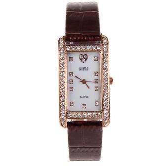 Fashion Women Bling Rhinestone PU Leather Strap Rectangle Wrist Watch Brown  