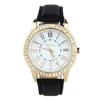 Fashion Women Geneva Rhinestone Leather Band Quartz Wrist Watch Black White  