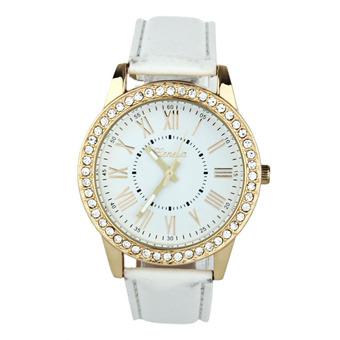 Fashion Women Geneva Rhinestone Leather Band Quartz Wrist Watch White  