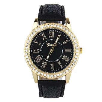 Fashion Women Geneva Rhinestone Leather Band Quartz Wrist Watch Black  