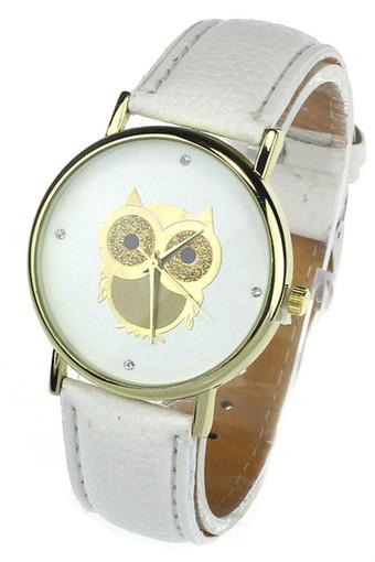 Fashion Women Girl Gold Owl Pattern WristWatch Leather Quartz Watch White Jam Tangan  