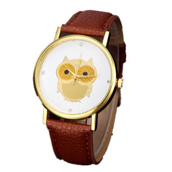 Fashion Women Girl Gold Owl Pattern WristWatch Leather Quartz Watch (Brown)  