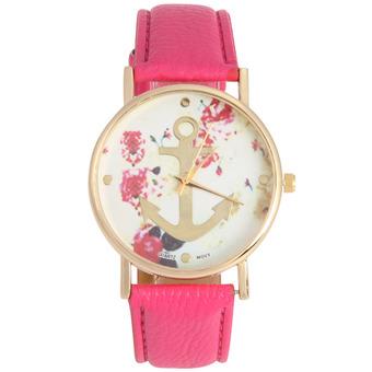 Fashion Women Leather Strap Floral Printed Anchor Quartz Wristwatch Rosered (Intl)  