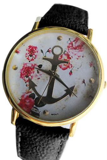 Fashion Women's Black Leather Strap Floral Printed Anchor Quartz Wrist Watch Jam Tangan  