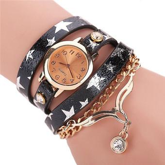 Fashion Women's Multilayer Thin Leather Strap Eagle Pendant Bracelets Watch LC534 Black  