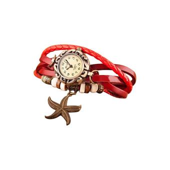 Fashion Women's Red Retro Faux Leather Bracelet Starfish Decor Wrist Watch 60BL015 - Intl  