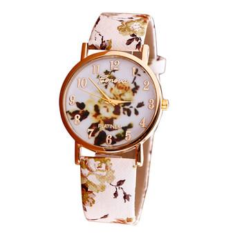 Flower Patterns Leather Band Analog Quartz Vogue Wrist Watches Yellow  