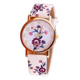 Flower Patterns Leather Band Analog Quartz Vogue Wrist Watches Purple  