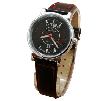 Fortuner Analog Jam Tangan Wanita - Leather Strap - Hitam List Merah - FR 2831  