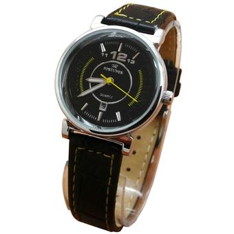 Fortuner Analog Jam Tangan Wanita - Leather Strap - Hitam List Kuning Body Silver - FR 2831  