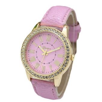 GETEK Ladies Women Girl Geneva Leatherwear Quartz Golden Crystal Stone Rome Wrist Watch (Pink)  