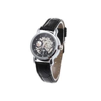 Generic Women Skeleton Automatic Mechanical Wrist Watch Black Leather Strap Hollow Face  