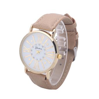 Geneva Brand Quartz Analog Wristwatch Roman Numbers Round Dial Watch Cross Stripe Folk Style(Beige)  