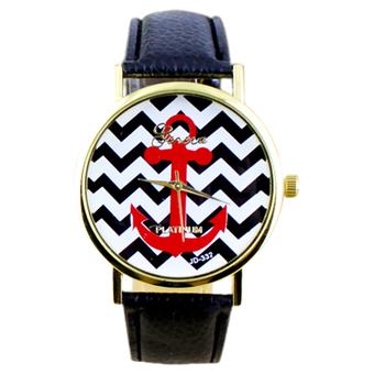 Geneva Jam Tangan Unisex - Hitam - Strap Kulit Sintetis - Stripes Anchor  