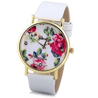 Geneva Luxury Quartz Watch with Diamonds Golden Plate Analog Indicate Leather Watch Band Rose Pattern for Women (White) - Intl  