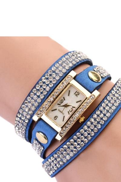 Geneva Women's Square Weave Wrap Rhinestone Faux Leather Watch Blue