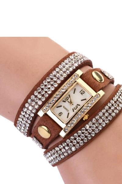 Geneva Women's Square Weave Wrap Rhinestone Faux Leather Watch Coffee