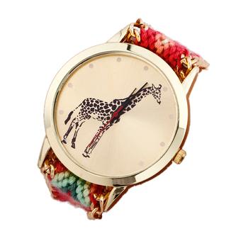 Giraffe Pattern Weaved Rope Band Bracelet Quartz Dial Watch (Green/Red)  