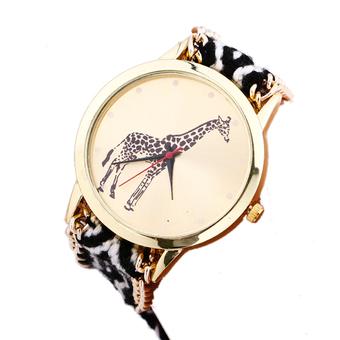 Giraffe Pattern Weaved Rope Band Bracelet Quartz Dial Watch (Black/White)  