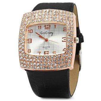 Gogoey 104 Women Rhinestone Quartz Watch Rectangle Dial Leatehr BandBLACK (Intl)  