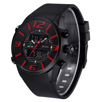 Hot!2015 WEIDE WH-3402 Men' Luxury PU Rubber Strap LCD Back Light Military Army Diver Sport Wristwatch - Black + Red (Intl)  