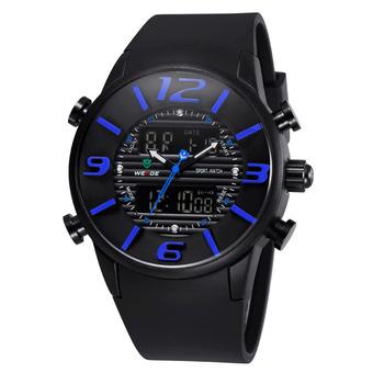 Hot!2015 WEIDE WH-3402 Men' Luxury PU Rubber Strap LCD Back Light Military Army Diver Sport Wristwatch - Black + Blue (Intl)  