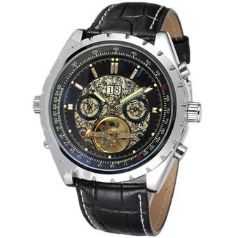 JARAGAR Luxury Calendar Skeleton Automatic Mechanical Tourbillon Men's Leather Strap Watch Black (Intl)  