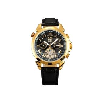 JARGAR W011 Multi-functional Men's Boys Round Dial Automatic Mechanical Wrist Watch with Date /Week /PU Band Golden+Black  