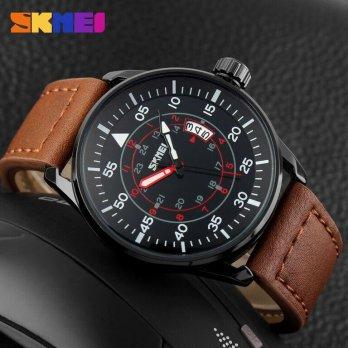 Jam Tangan Pria Original Tali Kulit "Skmei 9113cl" Coklat Murah