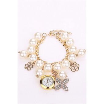 Korean Fashion Lucky Rhinestone Clover Pearl Bracelets Watch LC411 White  