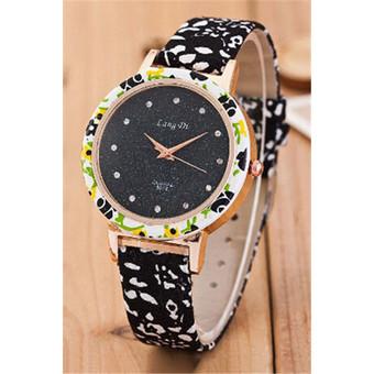 Korean Rural Style Flower Band Rhinestone Quartz Women's Watch LC218 Black  