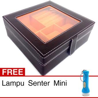 Kualitas Super 3 in 1 Kotak Jam Tangan isi 3 - Kotak Cincin Batu Mulia Permata - Acc - 18x18x8 cm - Coklat-Oranye + Gratis Lampu Senter Mini  