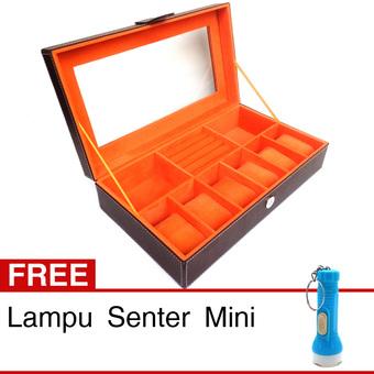 Kualitas Super 3 in 1 Kotak Jam Tangan isi 6 - Kotak Cincin Batu Mulia Permata - Acc - 31x18x8 cm - Coklat-Oranye + Gratis Lampu Senter Mini  