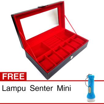 Kualitas Super 3 in 1 Kotak Jam Tangan isi 6 - Kotak Cincin Batu Mulia Permata - Acc - 31x18x8 cm - Hitam-Merah + Gratis Lampu Senter Mini  