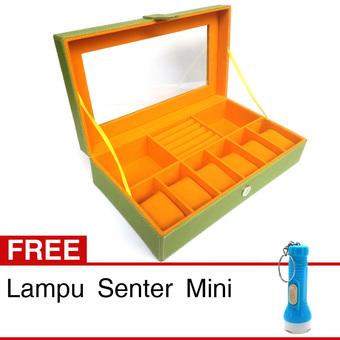 Kualitas Super 3 in 1 Kotak Jam Tangan isi 6 - Kotak Cincin Batu Mulia Permata - Acc - 31x18x8 cm - Hijau-Oranye + Gratis Lampu Senter Mini  