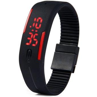 LED Mens Womens Watch Red Subtitles Date Rubber Strap Rectangle Dial Wristwatch Sport Watch Black (Intl)  