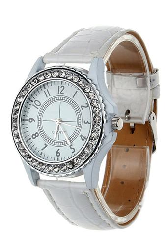 Leather Crystal Dial Women's White Synthetic Leather Strap Watch Jam Tangan  