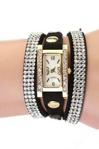 Leather Rhinestone Black Womens Watch Jam Tangan  