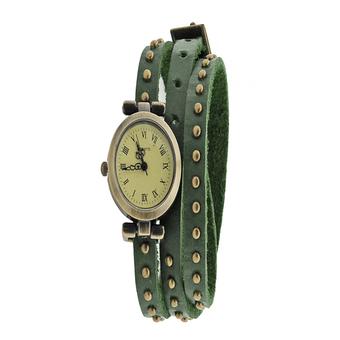 Leather Strap Roma Number Dial Quartz Woman Watch (Green)  