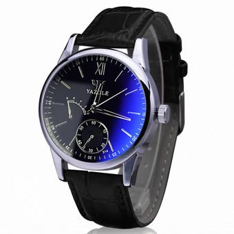 Luxury Faux Leather Mens Blue Ray Glass Quartz Analog Watches Black  