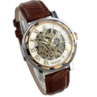 Luxury Mans Leather Band Stainless Skeleton Mechanical Wrist Watch Rose Gold  