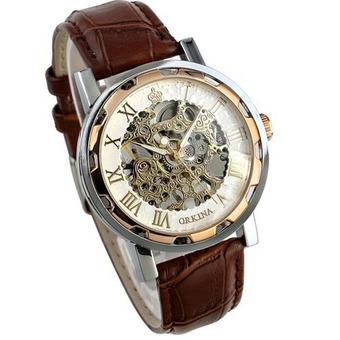 Luxury Mans Leather Band Stainless Skeleton Mechanical Wrist Watch Gold  