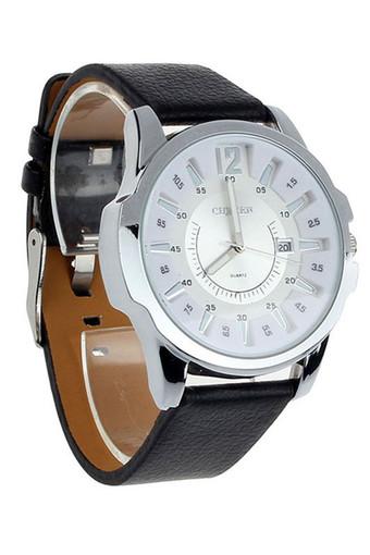 Luxury Men's Analog Sport Steel Case Quartz Date Leather Wrist Watch Sliver case / White dial Jam Tangan  