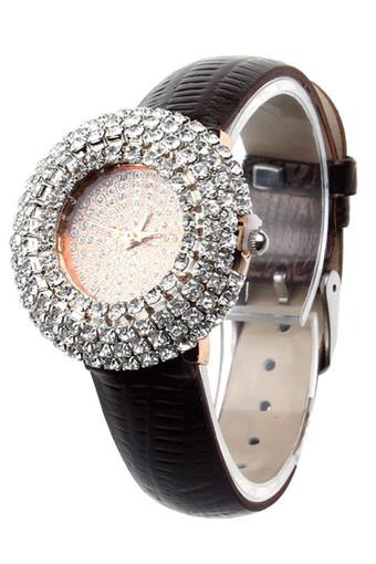 Luxury Starry Leather Inlay Diamond Rhinestone Quartz Brown Womens Watch  