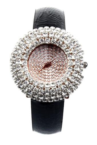 Luxury Starry Leather Inlay Diamond Rhinestone Quartz Black Womens Watch Jam Tangan  