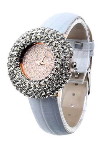 Luxury Starry Leather Inlay Diamond Rhinestone Quartz White Womens Watch  