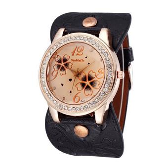 Luxury Women Rhinestone Flowers Sport Leather Bracelet Wrist Watch (Black)  