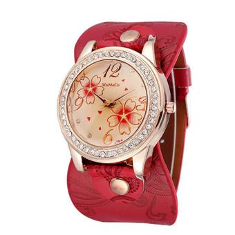 Luxury Women Rhinestone Flowers Sport Leather Bracelet Wrist Watch (Red)  