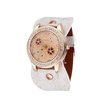 Luxury Women Rhinestone Flowers Sport Leather Bracelet Wrist Watch (White)  