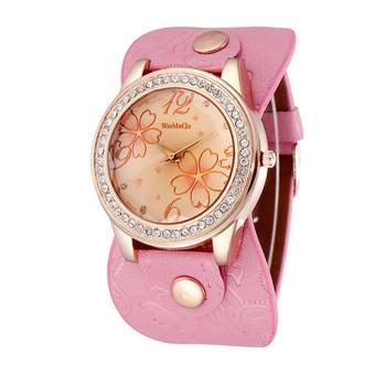 Luxury Women Rhinestone Flowers Sport Leather Bracelet Wrist Watch (Pink)  